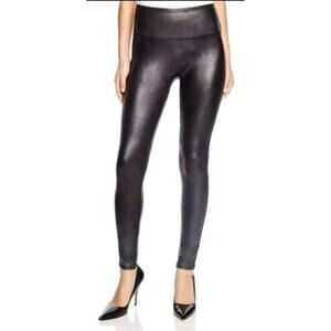 Spanx Womens L Black Shimmer Metallic Faux Leather Leggings Rocker Moto